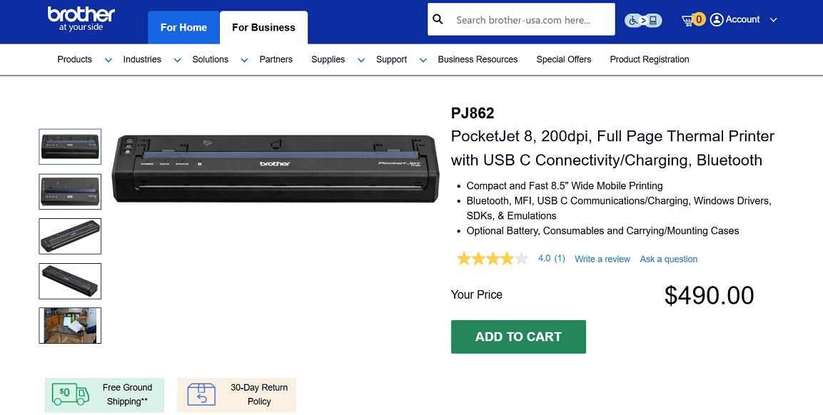 Brother PocketJet PJ-862 Portable Printer