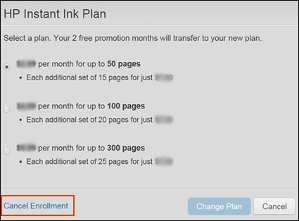HP instant ink plan cancel enrollment screen