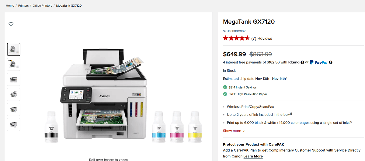 Canon MegaTank GX7120 Printer