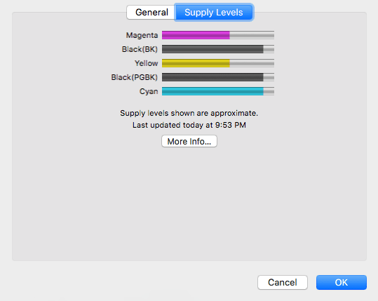 Checking ink and toner levels on mac, click supply levels screenshot
