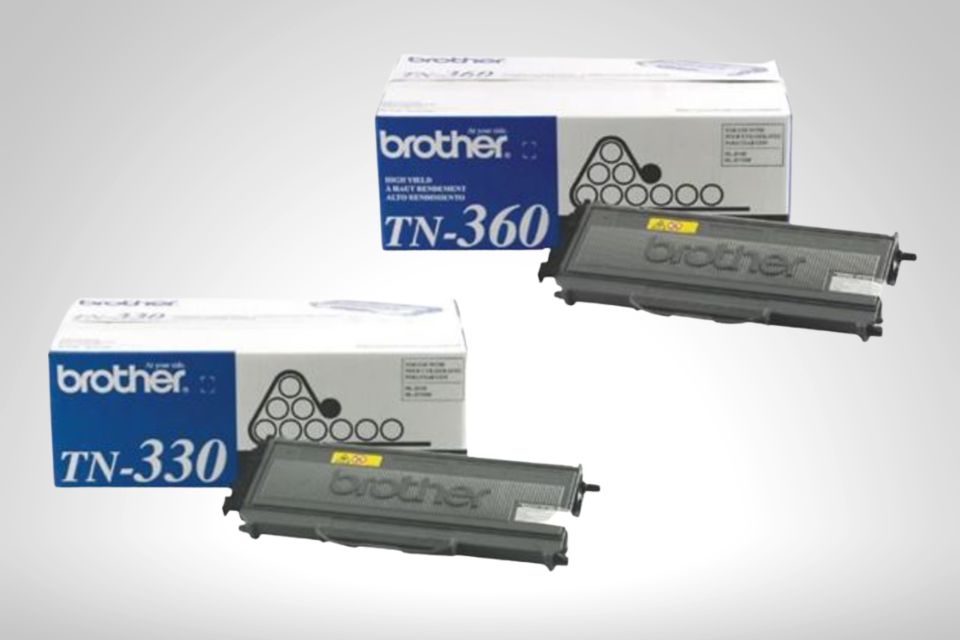 Brother TN330 and TN360 toner cartridges side by side.