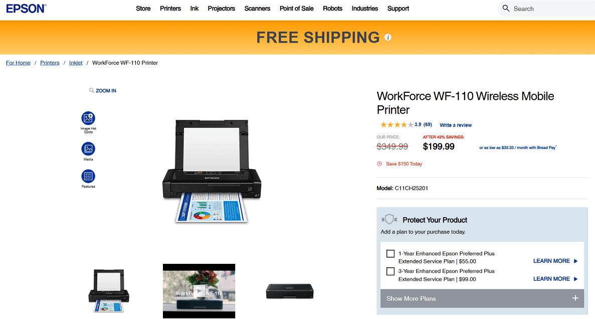 Epson WorkForce WF-110 Portable Printer