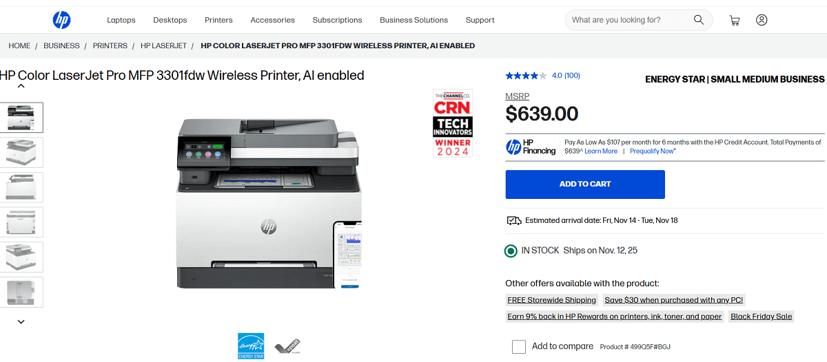 HP Color LaserJet Pro MFP 3301fdw Wireless Printer AI enabled