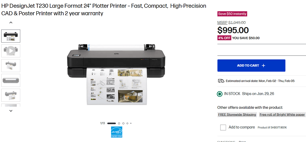 HP DesignJet T230 Large Format 24-inch Plotter Printer