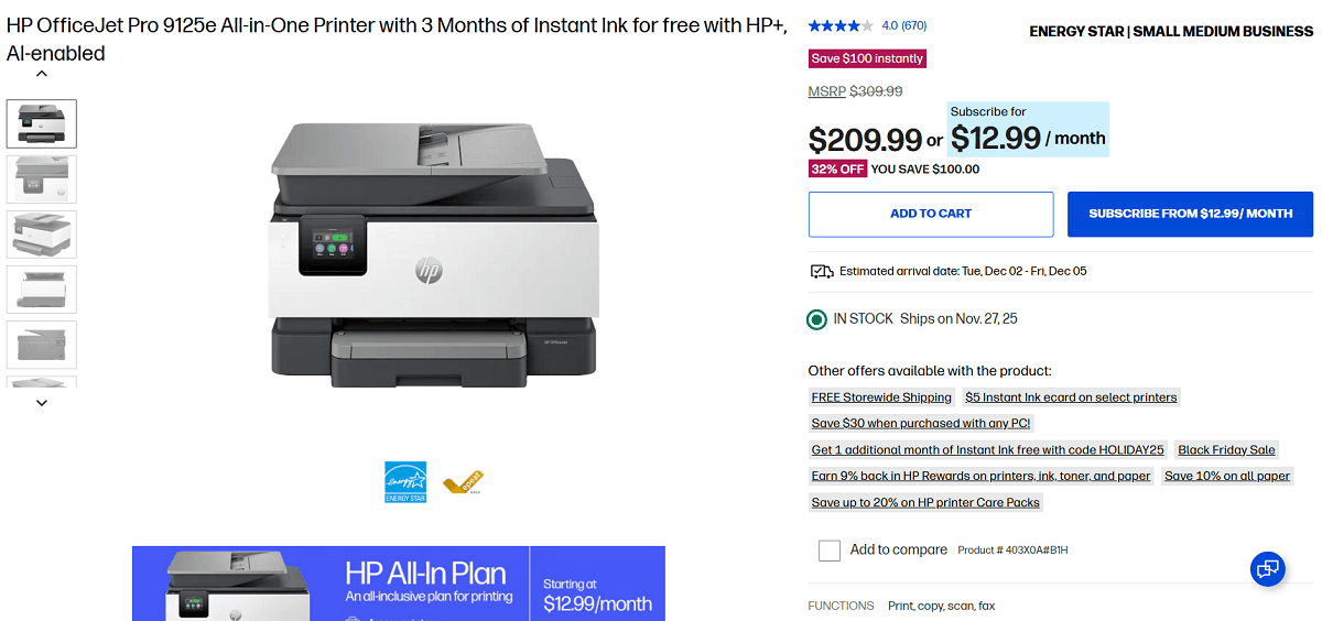 HP OfficeJet Pro 9125e Wireless Printer